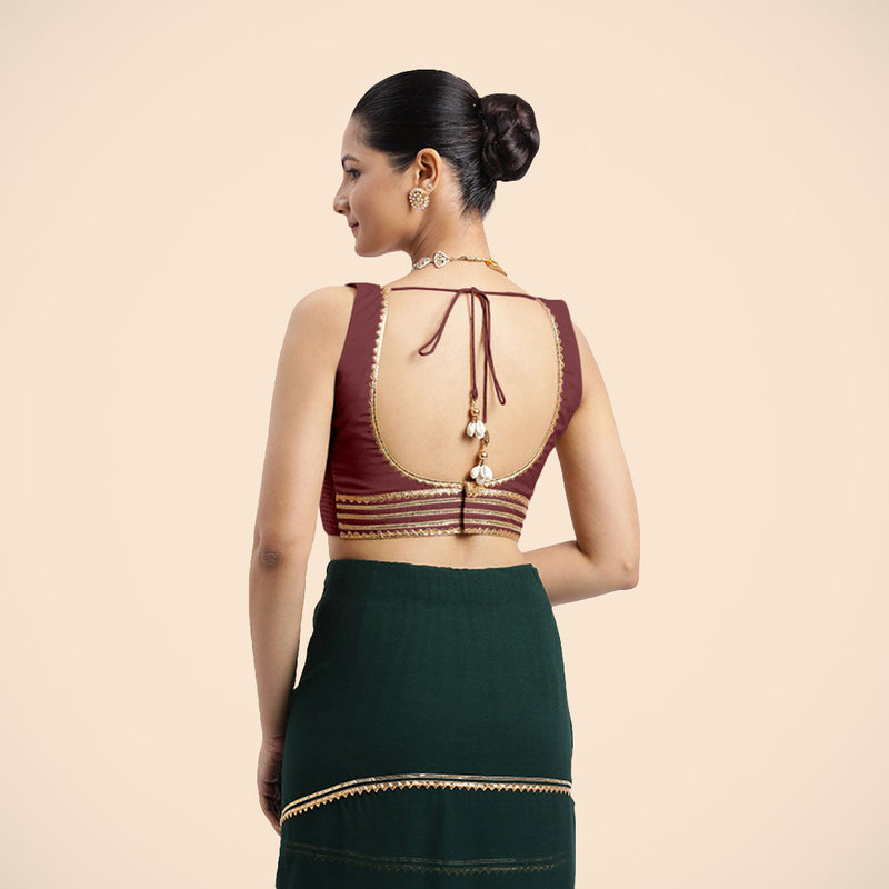 Tanvi x Tyohaar | Burgundy Sleeveless FlexiFit™ Saree Blouse with Square Front Neck and Deep Back with Dori and Golden Gota Embellishment-Binks