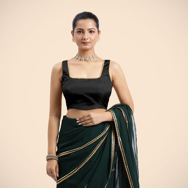 Tanvi x Tyohaar | Charcoal Black Sleeveless FlexiFit™ Saree Blouse with Square Front Neck and Deep Back with Dori and Golden Gota Embellishment-Binks