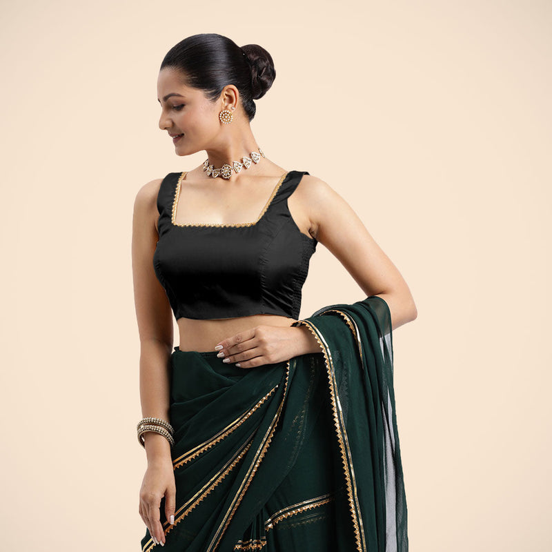 Tanvi x Tyohaar | Charcoal Black Sleeveless FlexiFit™ Saree Blouse with Square Front Neck and Deep Back with Dori and Golden Gota Embellishment-Binks