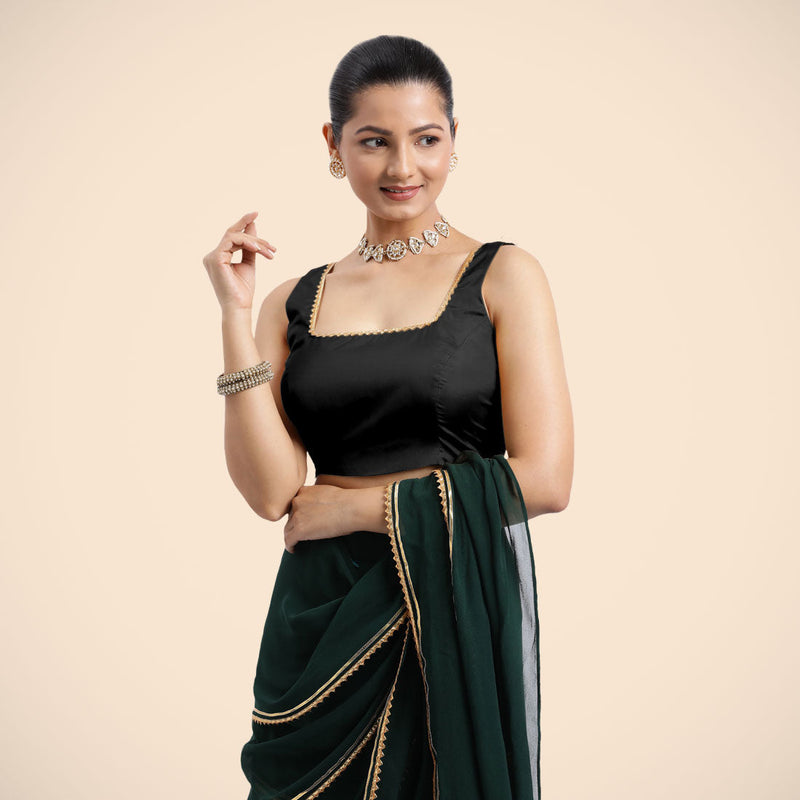 Tanvi x Tyohaar | Charcoal Black Sleeveless FlexiFit™ Saree Blouse with Square Front Neck and Deep Back with Dori and Golden Gota Embellishment-Binks