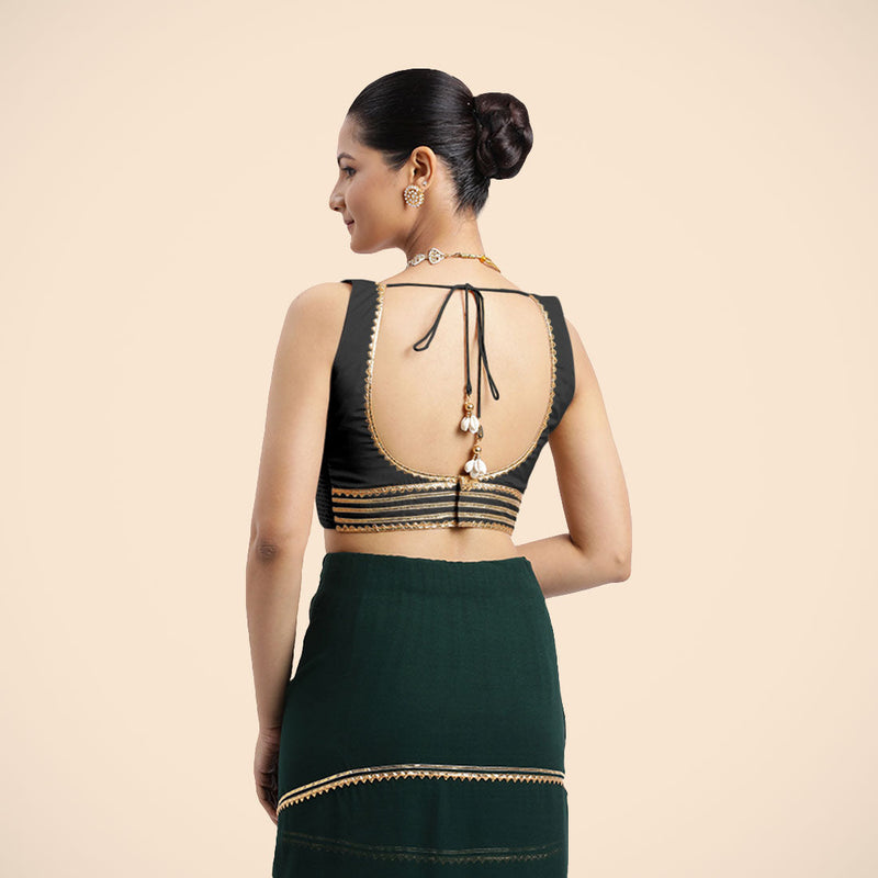 Tanvi x Tyohaar | Charcoal Black Sleeveless FlexiFit™ Saree Blouse with Square Front Neck and Deep Back with Dori and Golden Gota Embellishment-Binks