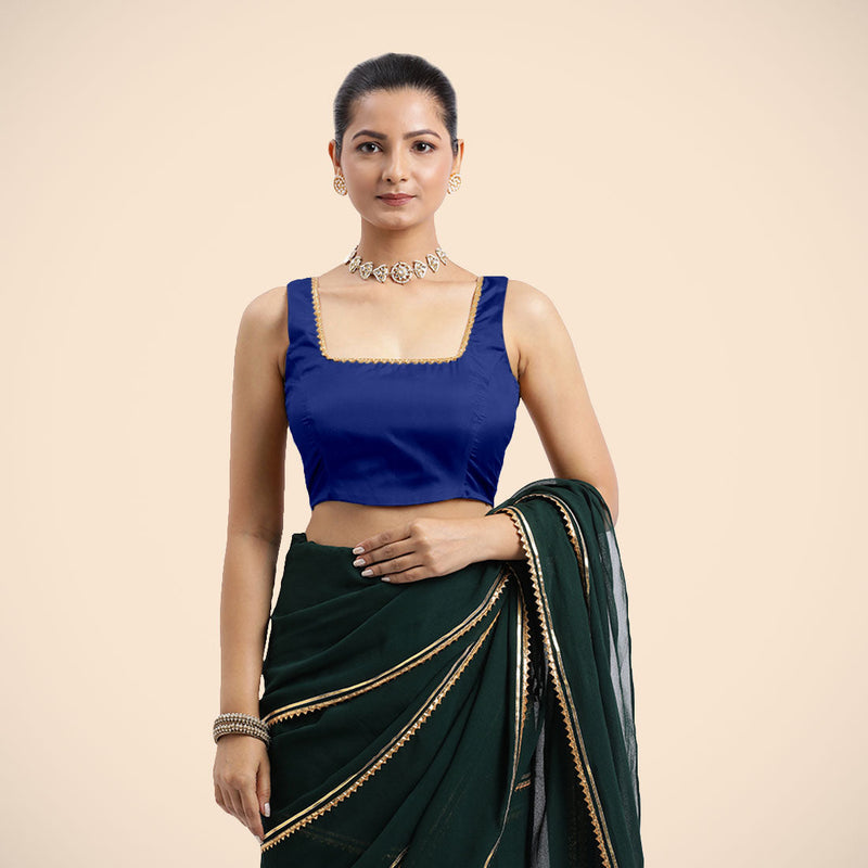 Tanvi x Tyohaar | Cobalt Blue Sleeveless FlexiFit™ Saree Blouse with Square Front Neck and Deep Back with Dori and Golden Gota Embellishment-Binks