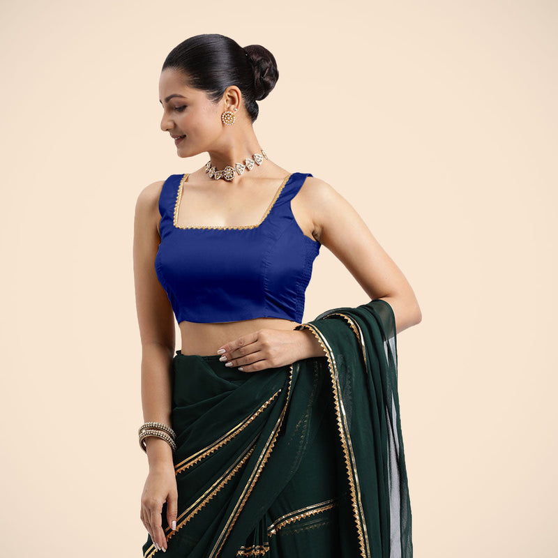 Tanvi x Tyohaar | Cobalt Blue Sleeveless FlexiFit™ Saree Blouse with Square Front Neck and Deep Back with Dori and Golden Gota Embellishment-Binks