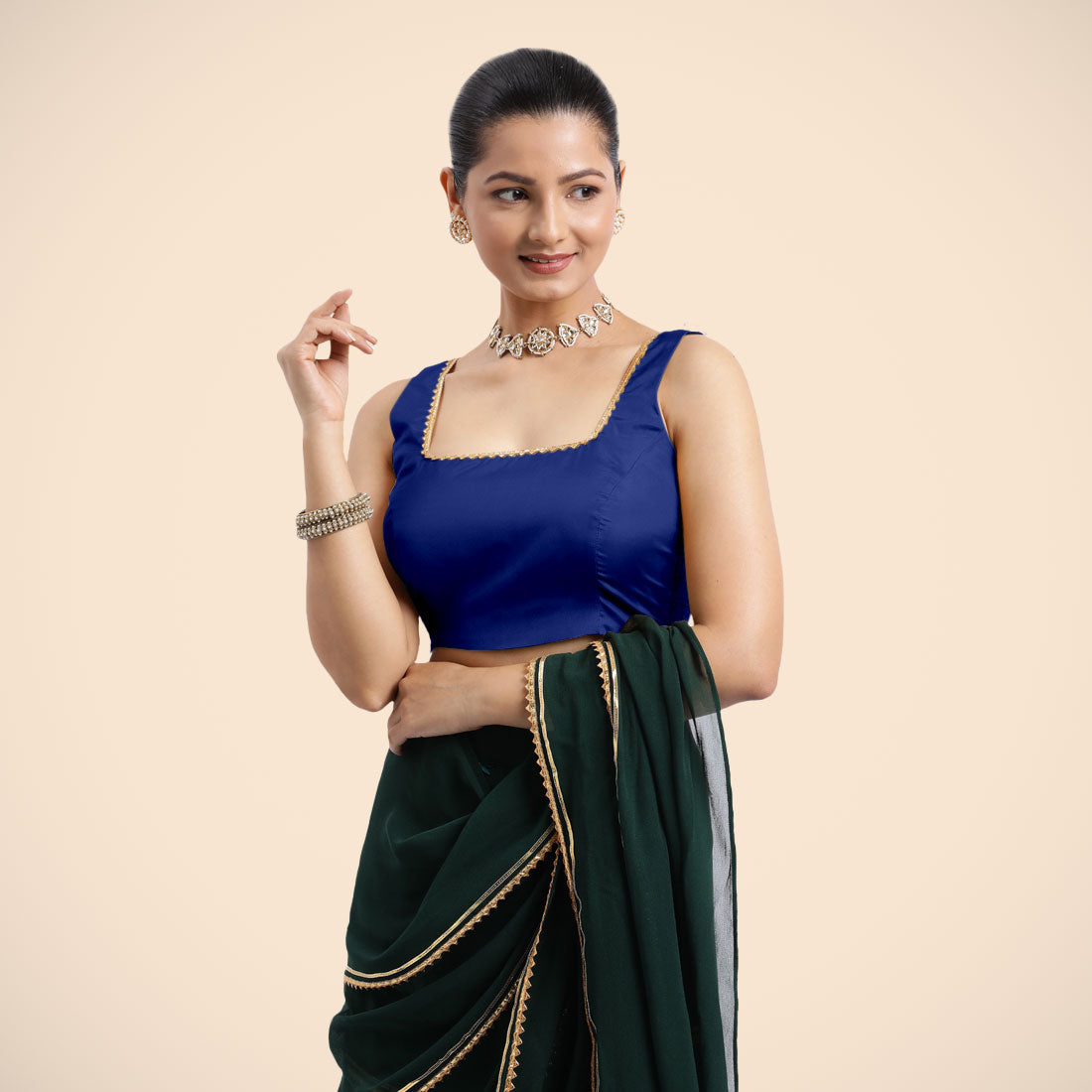 Tanvi x Tyohaar Saree Blouse, in Blue Vegan Silk, featuring sleeveless and square neckline, made for party & festive (view 3).