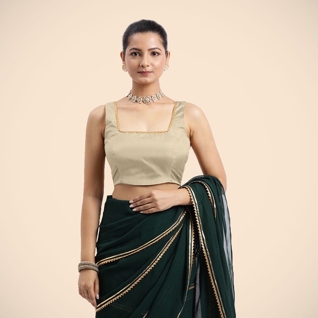 Tanvi x Tyohaar Saree Blouse, in Cream Vegan Silk, featuring sleeveless and square neckline, made for party & festive.