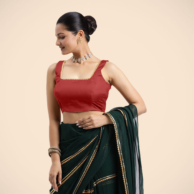 Tanvi x Tyohaar | Crimson Red Sleeveless FlexiFit™ Saree Blouse with Square Front Neck and Deep Back with Dori and Golden Gota Embellishment-Binks