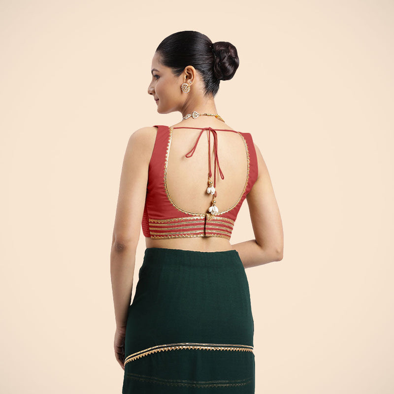 Tanvi x Tyohaar | Crimson Red Sleeveless FlexiFit™ Saree Blouse with Square Front Neck and Deep Back with Dori and Golden Gota Embellishment-Binks