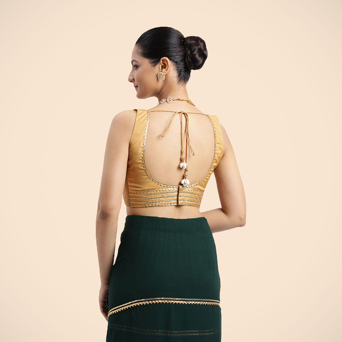 Tanvi x Tyohaar Saree Blouse, in Gold Vegan Silk, featuring sleeveless and square neckline, made for party & festive (view 4).