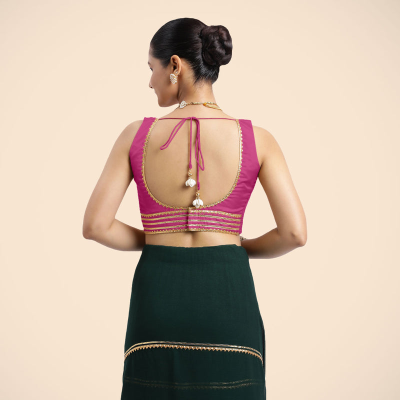 Tanvi x Tyohaar | Sleeveless Hot Pink FlexiFit™ Gota Embellished Saree Blouse with Square Neck-Binks