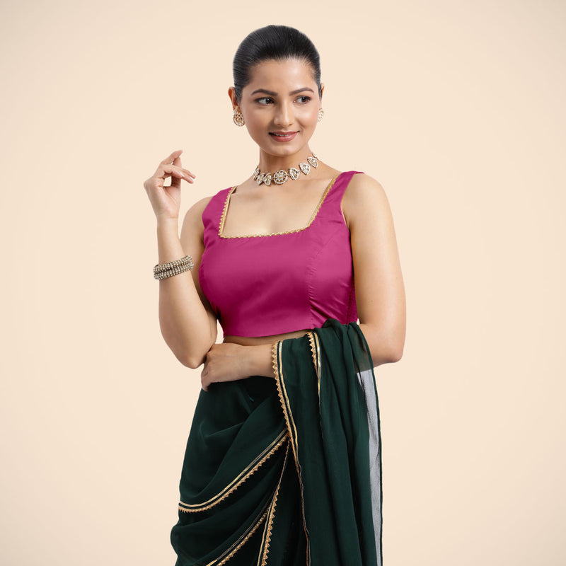 Tanvi x Tyohaar | Sleeveless Hot Pink FlexiFit™ Gota Embellished Saree Blouse with Square Neck-Binks