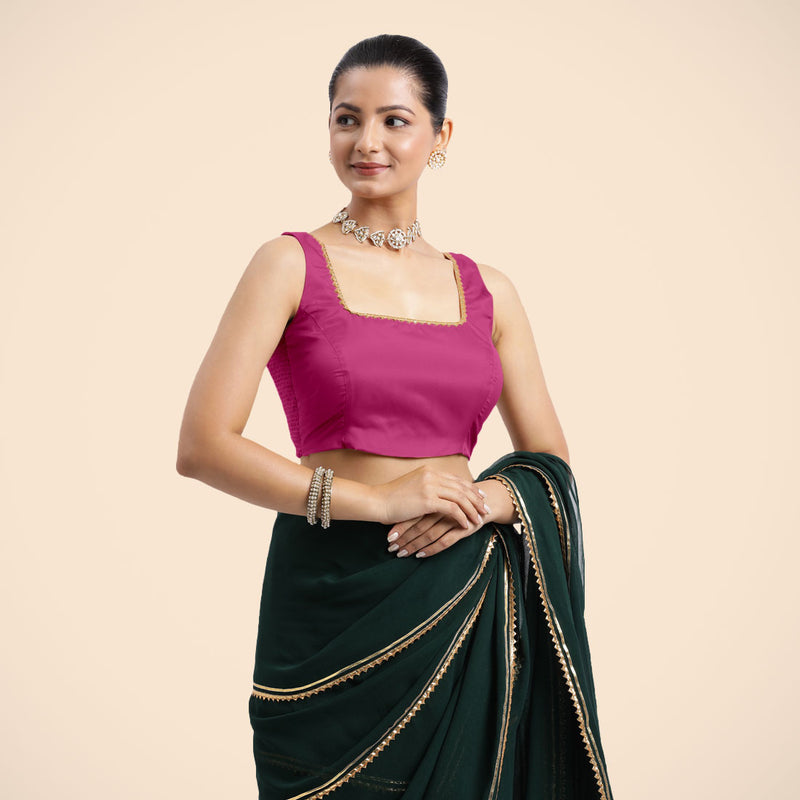 Tanvi x Tyohaar | Sleeveless Hot Pink FlexiFit™ Gota Embellished Saree Blouse with Square Neck-Binks