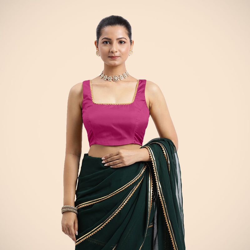 Tanvi x Tyohaar | Sleeveless Hot Pink FlexiFit™ Gota Embellished Saree Blouse with Square Neck-Binks