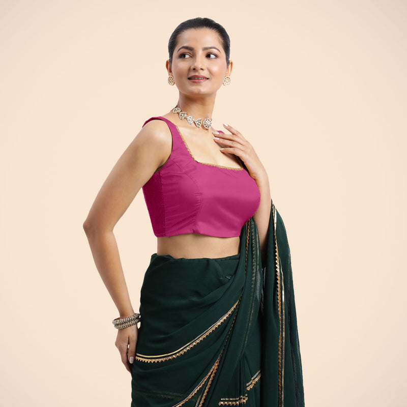 Tanvi x Tyohaar | Sleeveless Hot Pink FlexiFit™ Gota Embellished Saree Blouse with Square Neck-Binks