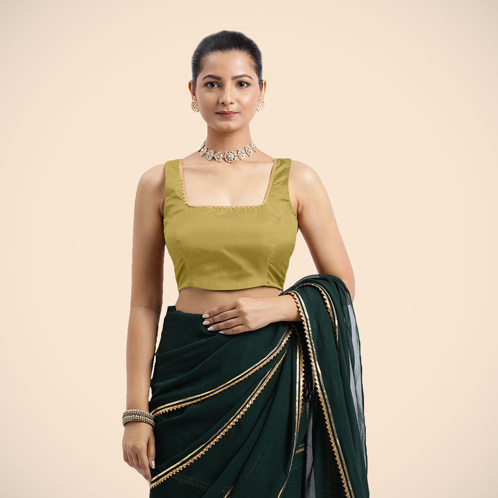Tanvi x Tyohaar | Lemon Yellow Sleeveless FlexiFit™ Saree Blouse with Square Front Neck and Deep Back with Dori and Golden Gota Embellishment