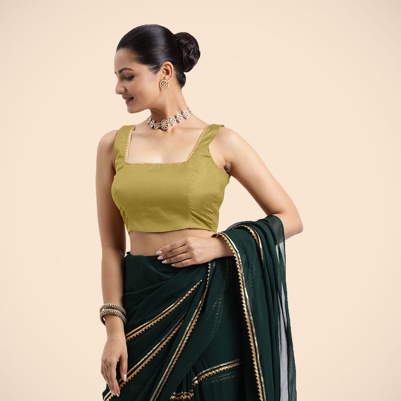 Tanvi x Tyohaar | Lemon Yellow Sleeveless FlexiFit™ Saree Blouse with Square Front Neck and Deep Back with Dori and Golden Gota Embellishment-Binks