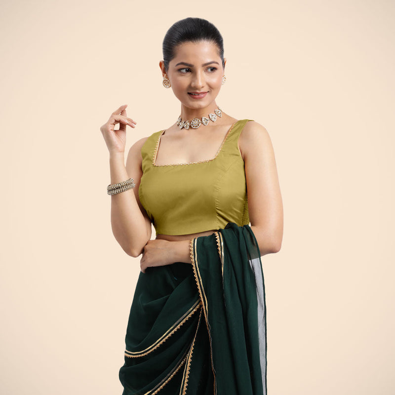 Tanvi x Tyohaar | Lemon Yellow Sleeveless FlexiFit™ Saree Blouse with Square Front Neck and Deep Back with Dori and Golden Gota Embellishment-Binks