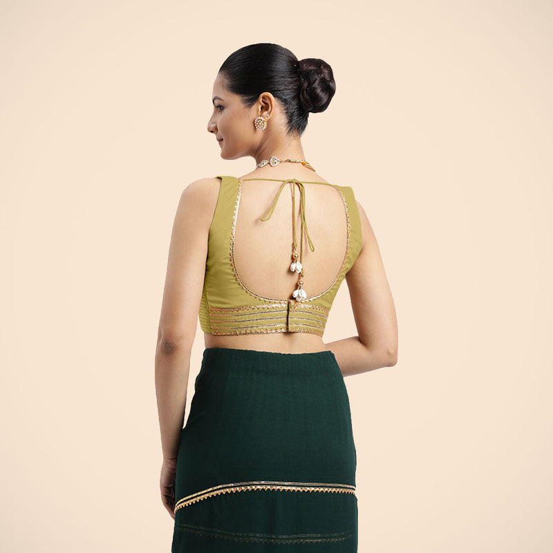 Tanvi x Tyohaar | Lemon Yellow Sleeveless FlexiFit™ Saree Blouse with Square Front Neck and Deep Back with Dori and Golden Gota Embellishment-Binks