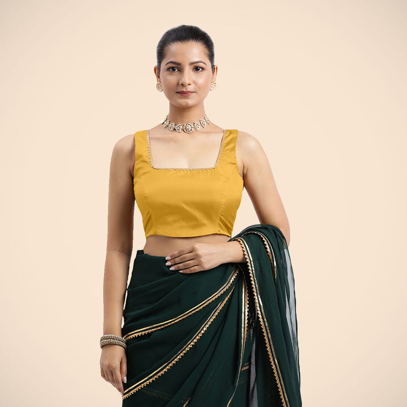 Tanvi x Tyohaar | Sleeveless Marigold Yellow FlexiFit™ Gota Embellished Saree Blouse with Square Neck-Binks