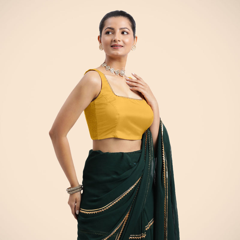 Tanvi x Tyohaar | Sleeveless Marigold Yellow FlexiFit™ Gota Embellished Saree Blouse with Square Neck-Binks