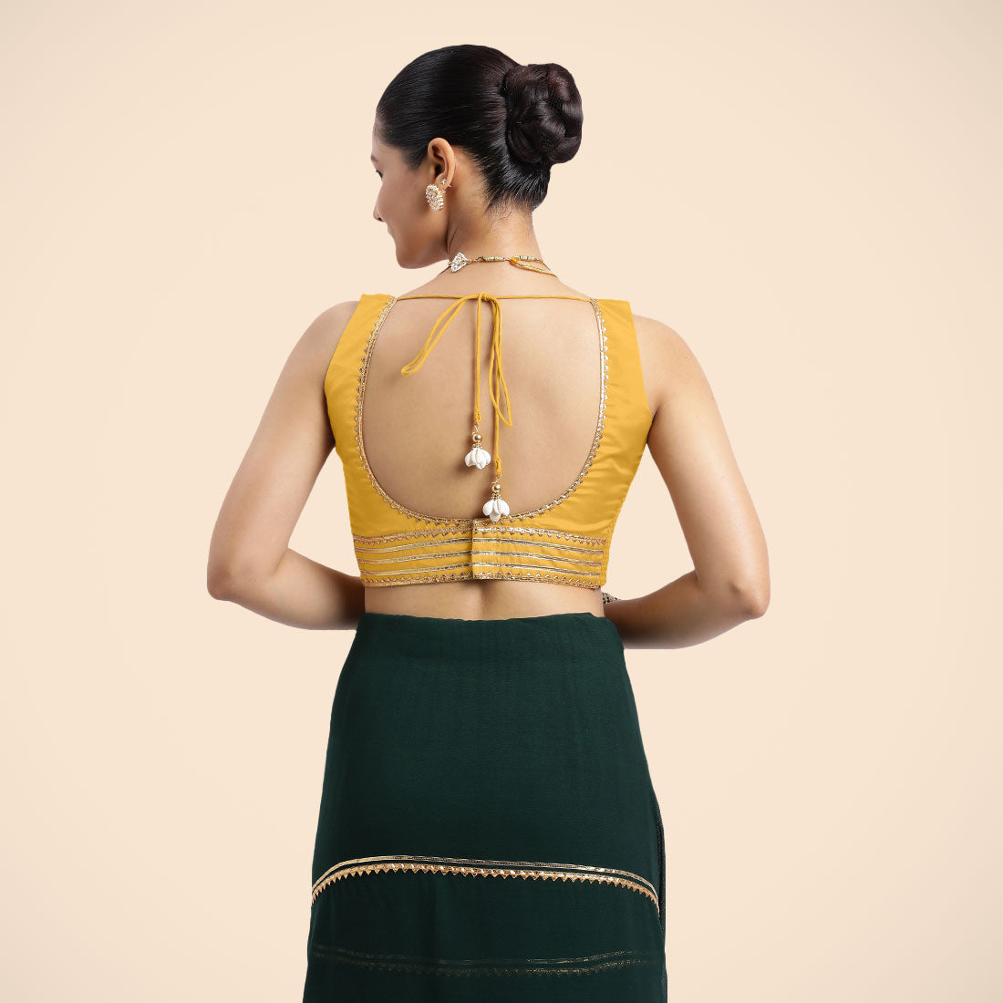 Tanvi x Tyohaar Saree Blouse, in Yellow Vegan Silk, featuring sleeveless and square neckline, made for party & festive (view 2).
