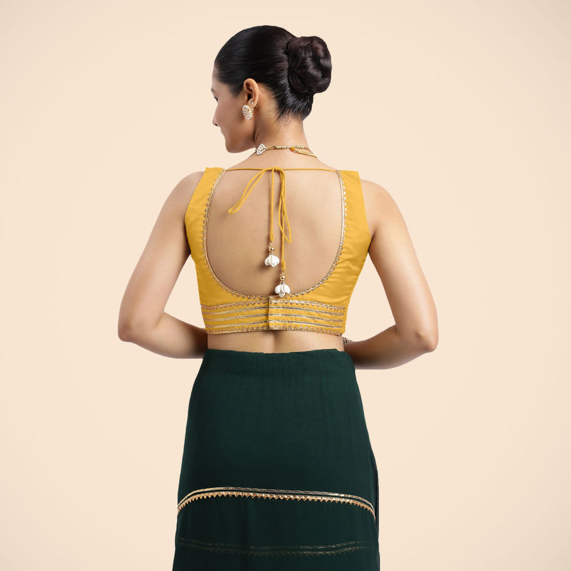 Tanvi x Tyohaar | Sleeveless Marigold Yellow FlexiFit™ Gota Embellished Saree Blouse with Square Neck-Binks