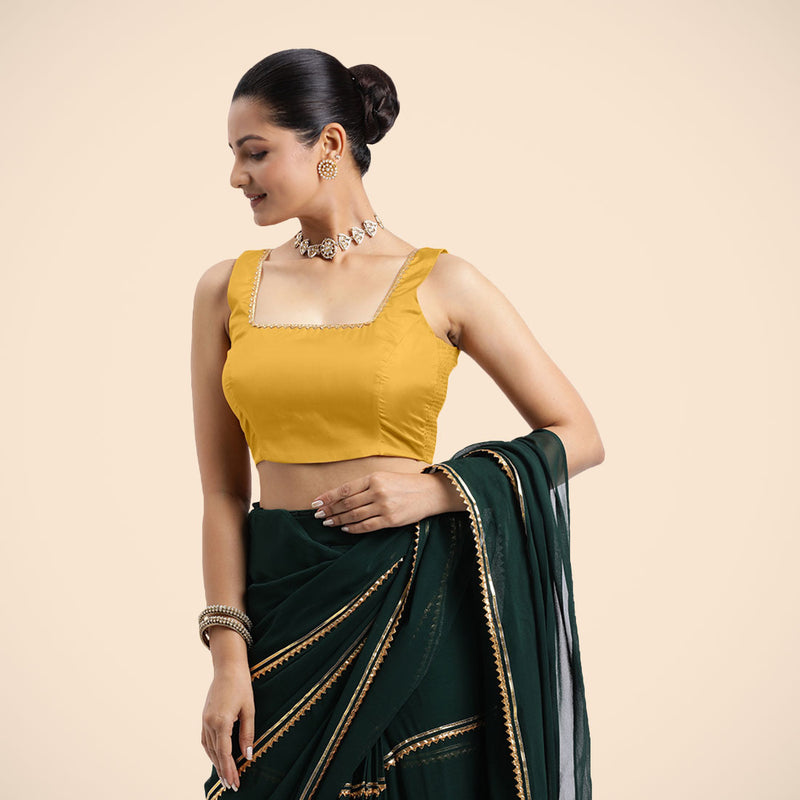 Tanvi x Tyohaar | Sleeveless Marigold Yellow FlexiFit™ Gota Embellished Saree Blouse with Square Neck-Binks