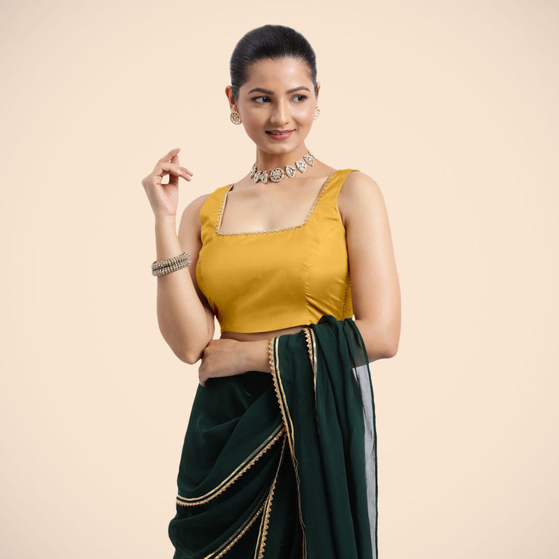Tanvi x Tyohaar | Sleeveless Marigold Yellow FlexiFit™ Gota Embellished Saree Blouse with Square Neck-Binks