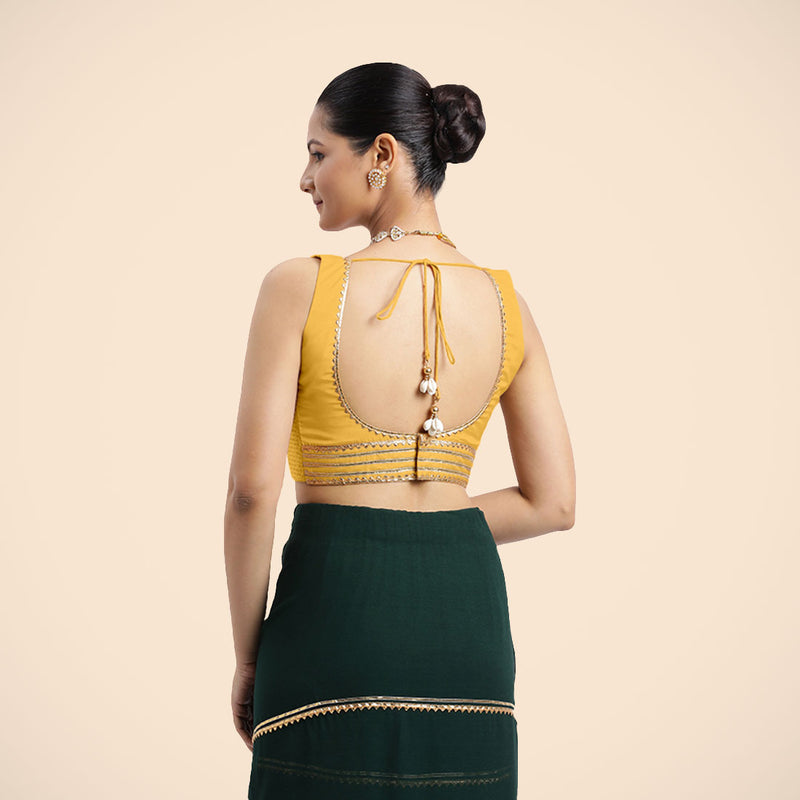 Tanvi x Tyohaar | Sleeveless Marigold Yellow FlexiFit™ Gota Embellished Saree Blouse with Square Neck-Binks