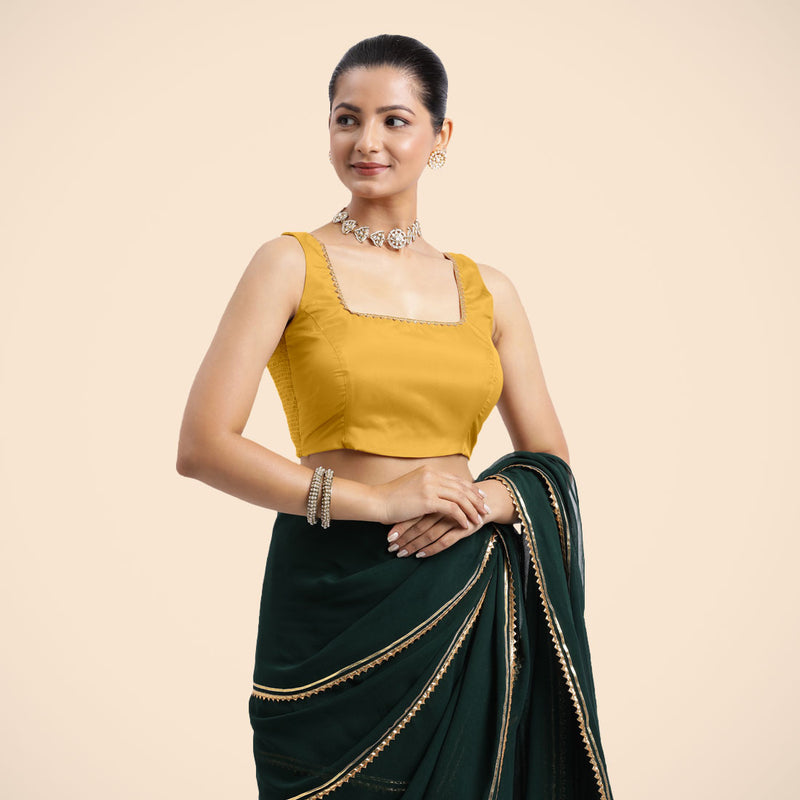 Tanvi x Tyohaar | Sleeveless Marigold Yellow FlexiFit™ Gota Embellished Saree Blouse with Square Neck-Binks