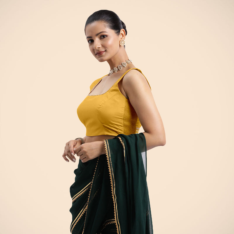 Tanvi x Tyohaar | Sleeveless Marigold Yellow FlexiFit™ Gota Embellished Saree Blouse with Square Neck-Binks