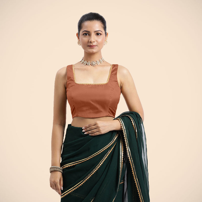 Tanvi x Tyohaar | Metallic Copper Sleeveless FlexiFit™ Saree Blouse with Square Front Neck and Deep Back with Dori and Golden Gota Embellishment-Binks