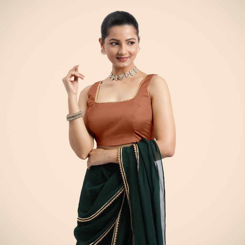 Tanvi x Tyohaar | Metallic Copper Sleeveless FlexiFit™ Saree Blouse with Square Front Neck and Deep Back with Dori and Golden Gota Embellishment-Binks