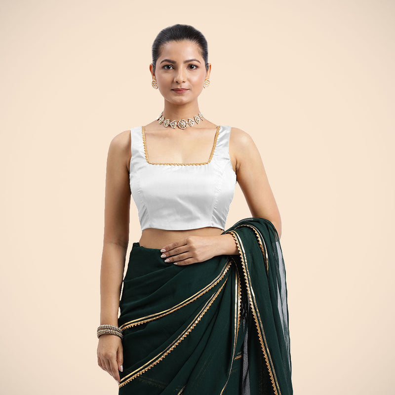 Tanvi x Tyohaar | Pearl White Sleeveless FlexiFit™ Saree Blouse with Square Front Neck and Deep Back with Dori and Golden Gota Embellishment-Binks