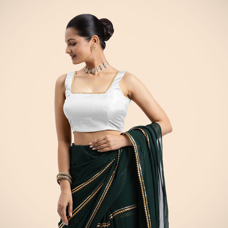 Tanvi x Tyohaar | Pearl White Sleeveless FlexiFit™ Saree Blouse with Square Front Neck and Deep Back with Dori and Golden Gota Embellishment-Binks