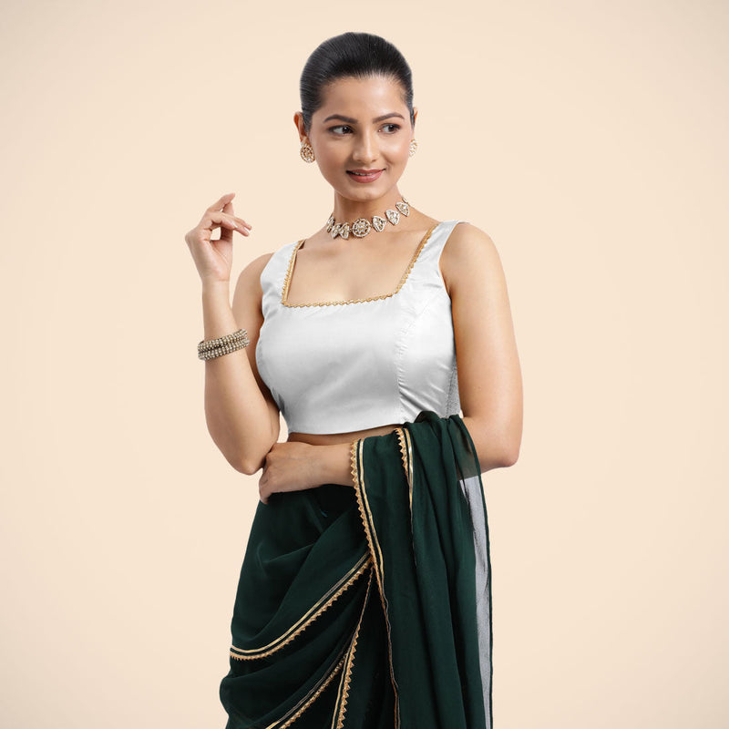 Tanvi x Tyohaar | Pearl White Sleeveless FlexiFit™ Saree Blouse with Square Front Neck and Deep Back with Dori and Golden Gota Embellishment-Binks