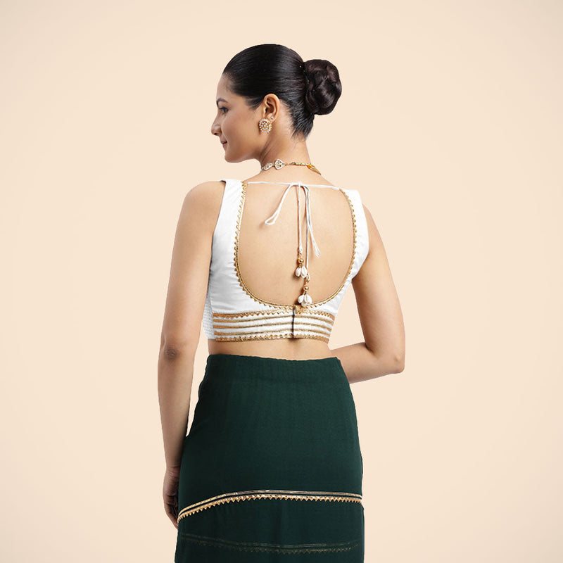 Tanvi x Tyohaar | Pearl White Sleeveless FlexiFit™ Saree Blouse with Square Front Neck and Deep Back with Dori and Golden Gota Embellishment-Binks