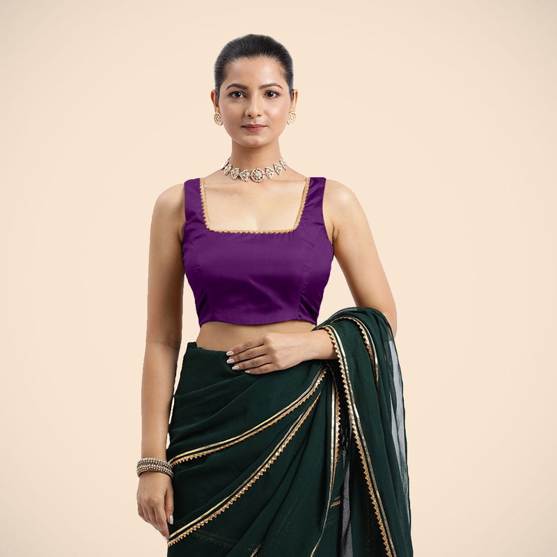 Tanvi x Tyohaar | Purple Sleeveless FlexiFit™ Saree Blouse with Square Front Neck and Deep Back with Dori and Golden Gota Embellishment-Binks