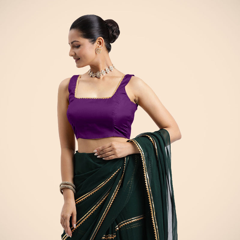Tanvi x Tyohaar | Purple Sleeveless FlexiFit™ Saree Blouse with Square Front Neck and Deep Back with Dori and Golden Gota Embellishment-Binks
