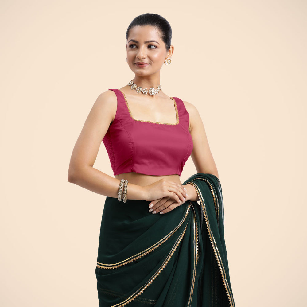 Tanvi x Tyohaar | Rani Pink Sleeveless FlexiFit™ Saree Blouse with Square Front Neck and Deep Back with Dori and Golden Gota Embellishment