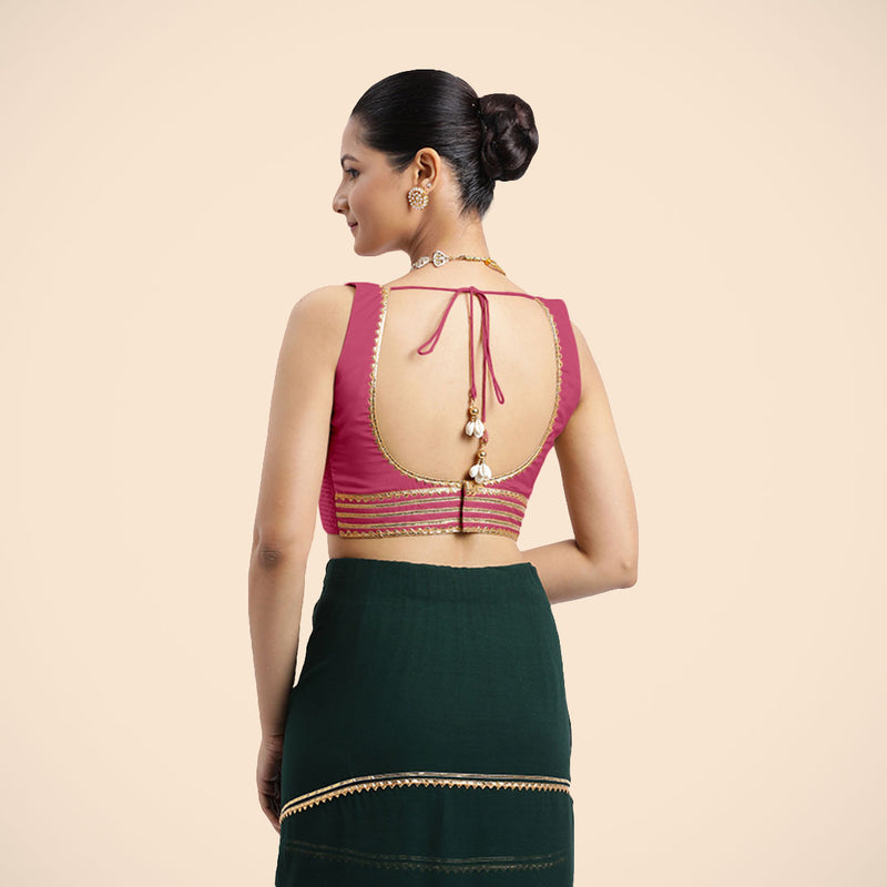 Tanvi x Tyohaar | Rani Pink Sleeveless FlexiFit™ Saree Blouse with Square Front Neck and Deep Back with Dori and Golden Gota Embellishment-Binks