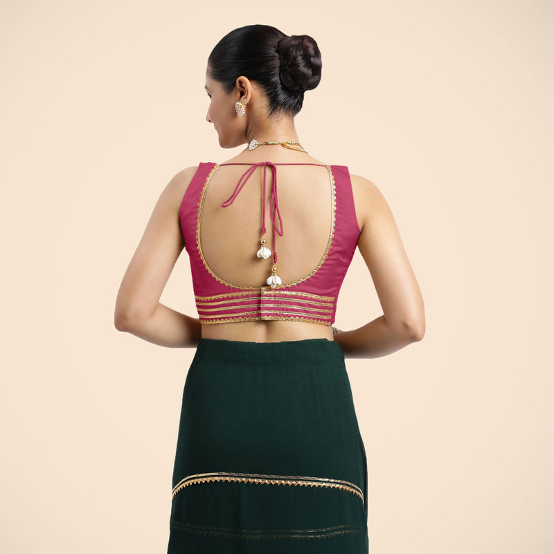 Tanvi x Tyohaar | Rani Pink Sleeveless FlexiFit™ Saree Blouse with Square Front Neck and Deep Back with Dori and Golden Gota Embellishment-Binks
