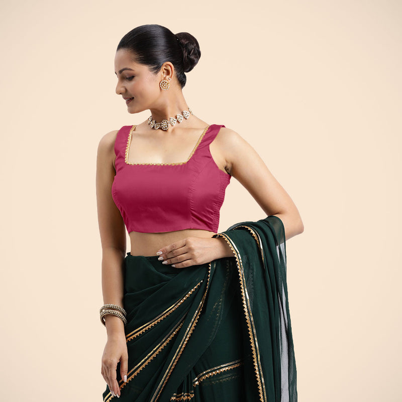 Tanvi x Tyohaar | Rani Pink Sleeveless FlexiFit™ Saree Blouse with Square Front Neck and Deep Back with Dori and Golden Gota Embellishment-Binks