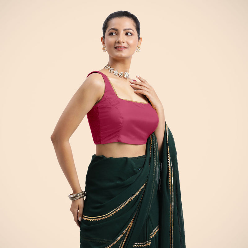 Tanvi x Tyohaar | Rani Pink Sleeveless FlexiFit™ Saree Blouse with Square Front Neck and Deep Back with Dori and Golden Gota Embellishment-Binks