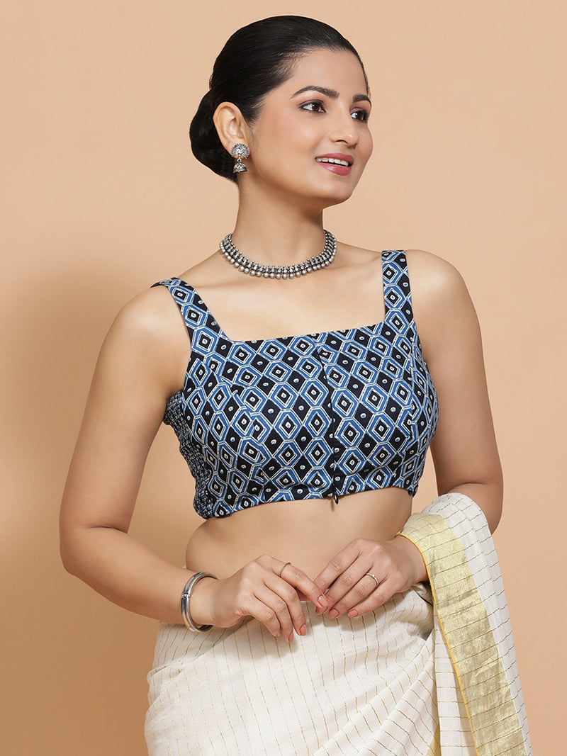 Tanya x Rozaana | Sleeveless Cotton Saree Blouse in Indigo Blue Geometric Block Print Fabric-Binks