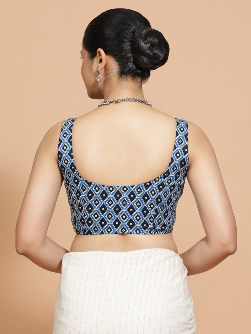 Tanya x Rozaana | Sleeveless Cotton Saree Blouse in Indigo Blue Geometric Block Print Fabric-Binks