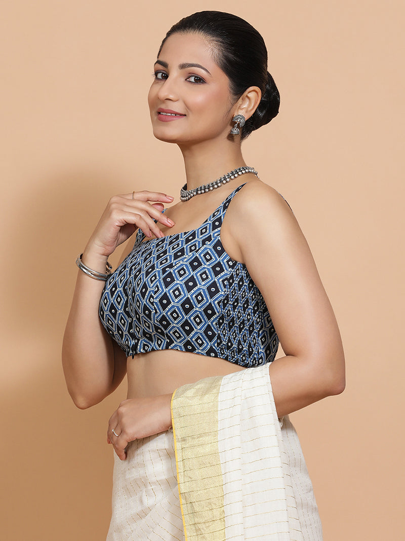 Tanya x Rozaana | Sleeveless Cotton Saree Blouse in Indigo Blue Geometric Block Print Fabric-Binks