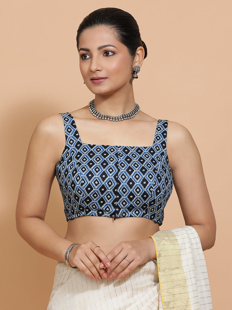Tanya x Rozaana | Sleeveless Cotton Saree Blouse in Indigo Blue Geometric Block Print Fabric-Binks