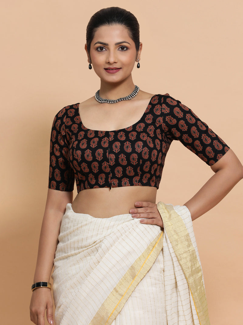 Tara x Rozaana | Elbow Sleeves Cotton Saree Blouse in Black Mango Block Print Fabric-Binks