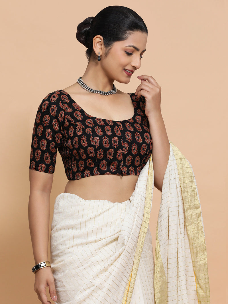 Tara x Rozaana | Elbow Sleeves Cotton Saree Blouse in Black Mango Block Print Fabric-Binks