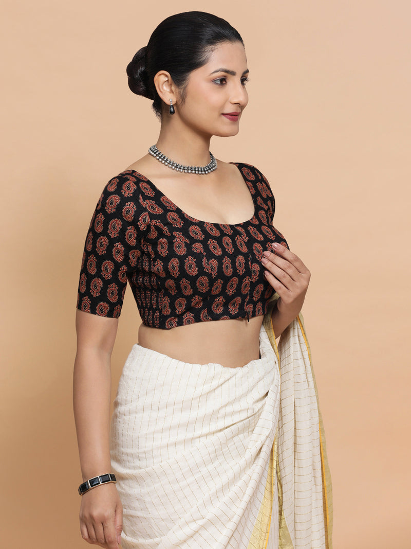 Tara x Rozaana | Elbow Sleeves Cotton Saree Blouse in Black Mango Block Print Fabric-Binks